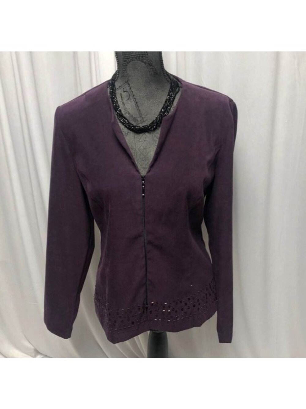 R and K Faux Suede Jacket Womens Size 10 Plum Bedazzled Zipper Front Blazer
